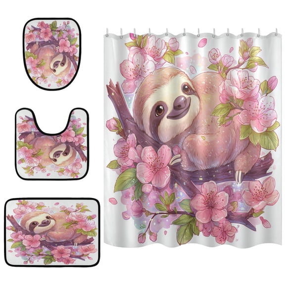 Shower Curtain and Rug Sets 4pcs Bathroom Sets Includes 12 Free Hooks 66" x 72" Sloth in Cherry Blossoms