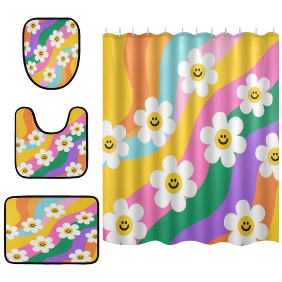 Shower Curtain and Rug Sets 4pcs Bathroom Sets Includes 12 Free Hooks 66" x 72" Smiley Daisy on Rainbow Background
