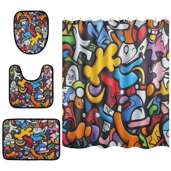 Shower Curtain and Rug Sets 4pcs Bathroom Sets Includes 12 Free Hooks 66" x 72" Street Graffiti Style Pattern