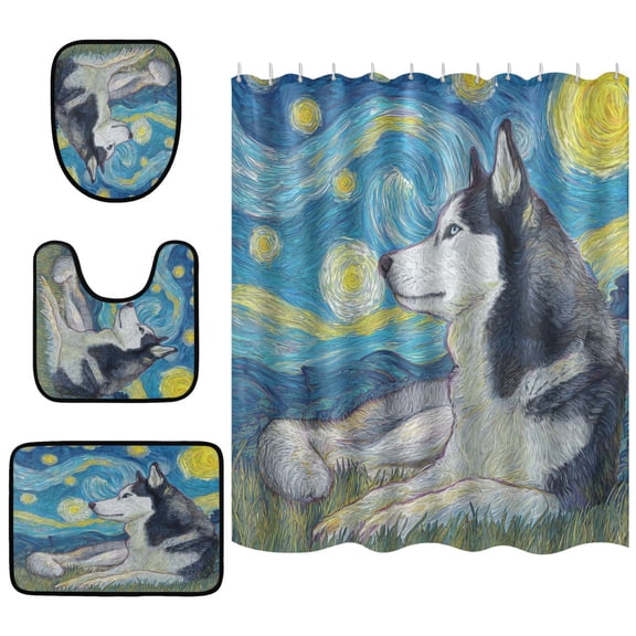 Shower Curtain and Rug Sets 4pcs Bathroom Sets Includes 12 Free Hooks 66" x 72" The Cold-eyed Husky Dog