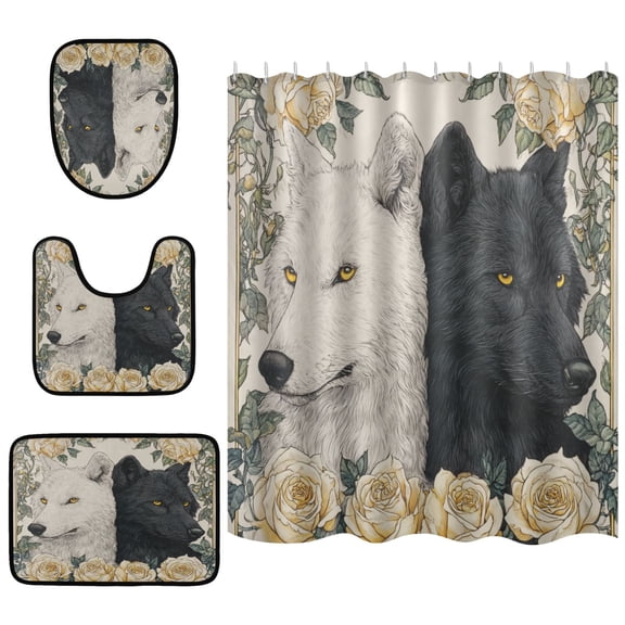Shower Curtain and Rug Sets 4pcs Bathroom Sets Includes 12 Free Hooks 66" x 72" Two Black and White Wolves