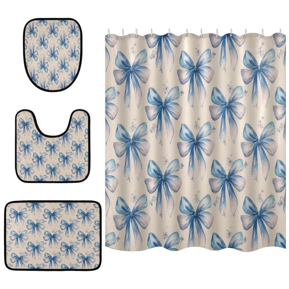Shower Curtain and Rug Sets 4pcs Bathroom Sets Includes 12 Free Hooks 66" x 72" Watercolor Blue Bows