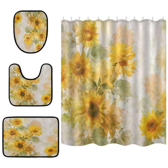 Shower Curtain and Rug Sets 4pcs Bathroom Sets Includes 12 Free Hooks 66" x 72" Whimsical Watercolor Sunflowers