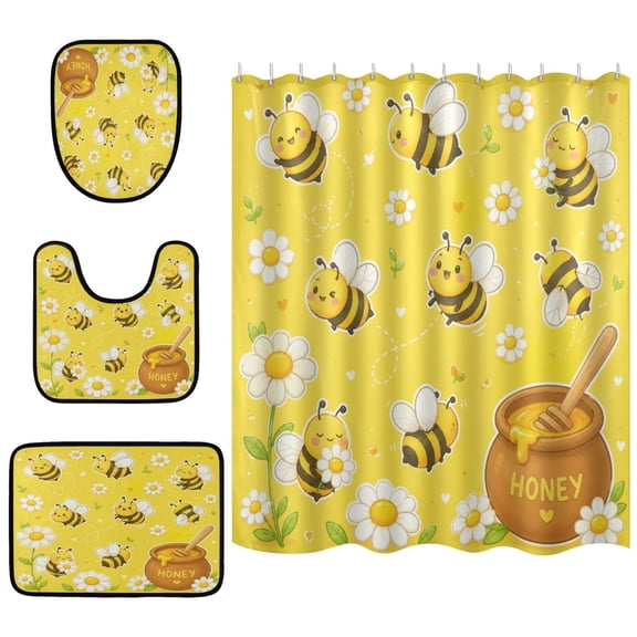 Shower Curtain and Rug Sets 4pcs Bathroom Sets Includes 12 Free Hooks 66" x 72" Yellow Honey Bee Daisy Print