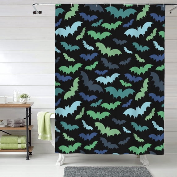 Shower Curtain, blue green bats cool Waterproof Fabric Plastic Shower Curtain, Drying Fast Bathroom Curtain with 9 Buttonholes, Ruffle Shower Curtain 60x72in