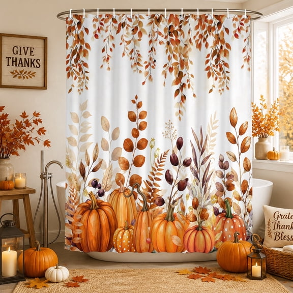 Fall Shower Curtain For Bathroom, Waterproof Fabric 72x72 Bath Curtain, Rust Orange Washable Bathtub Curtain, Pumpkin leaf Thanksgiving Pattern, Autumn Foliage Farmhouse Bathroom Decor,12 Hooks
