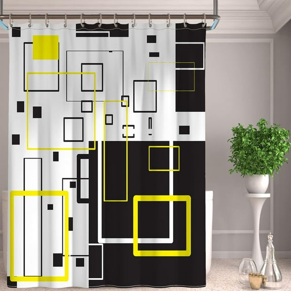 Shower Curtain for Bathroom,White Black and Yellow Abstract Geometric Shower Curtain 72x72 inch Waterproof Fabric Shower Curtains with 12 Hooks