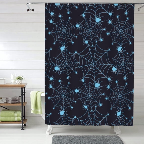 Shower Curtain, halloween blue spiderweb cobweb Waterproof Fabric Plastic Shower Curtain, Drying Fast Bathroom Curtain with 9 Buttonholes, Ruffle Shower Curtain 60x72in
