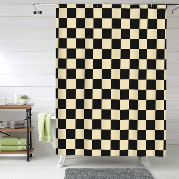 Shower Curtain, khaki black checkered Waterproof Fabric Plastic Shower Curtain, Drying Fast Bathroom Curtain with 9 Buttonholes, Ruffle Shower Curtain 60x72in