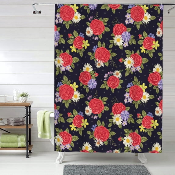 Shower Curtain, red rose flower Waterproof Fabric Plastic Shower Curtain, Drying Fast Bathroom Curtain with 9 Buttonholes, Ruffle Shower Curtain 60x72in