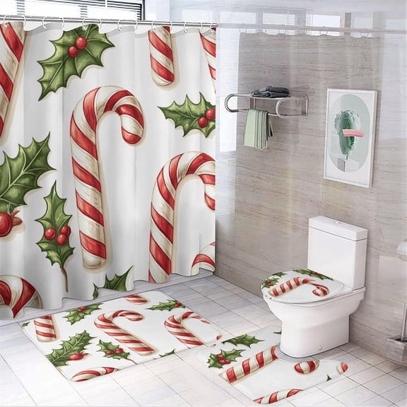 Shower Curtain sets and Bath Mat Set, Christmas Candy Canes Pattern Printed on Bathroom Decor Sets with Shower Curtains and Rugs, Great for Master Bath Beach House Modern Home, 72 x 72 inches