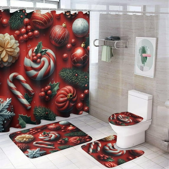 Shower Curtain sets and Bath Mat Set, Christmas Treats Pattern Printed on Shower Curtain and Liner Set, Great for Master Bath Beach House Modern Home, 72 x 72 inches