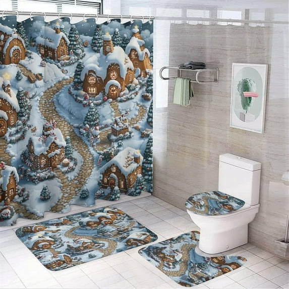 Bath Shower Curtain Sets, Christmas Santa Pattern Printed on Bathroom Curtain Sets with Rugs, Suitable for Small Bathroom Gym Guest Bath, 72 x 72 inches
