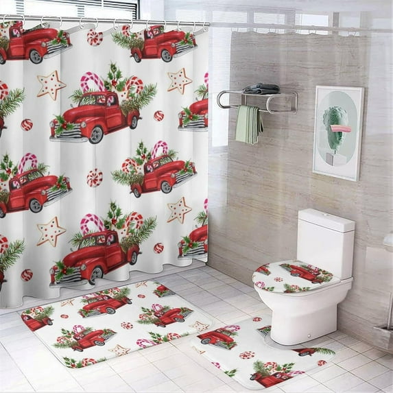 Shower Curtain sets and Bath Mat Set, Christmas Pattern Printed on Bathroom Decor Sets with Shower Curtains and Rugs, Suitable for Small Bathroom Gym Guest Bath, 72 x 72 inches