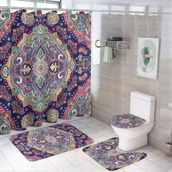 Shower Curtain sets and Bath Mat Set, Christmas Pattern Printed on Bathroom Decor Sets with Shower Curtains and Rugs, Suitable for Small Bathroom Gym Guest Bath, 72 x 72 inches