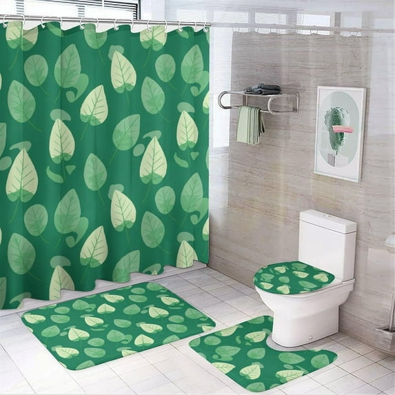 Shower Curtain sets and Bath Mat Set, Green Leaves Pattern Printed on Shower Curtain Set with Rugs and Accessories, Suitable for Small Bathroom Gym Guest Bath, 72 x 72 inches
