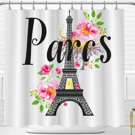 Shower Curtain with Floral Design - Paris Theme Whimsical Curved Edge Black & White