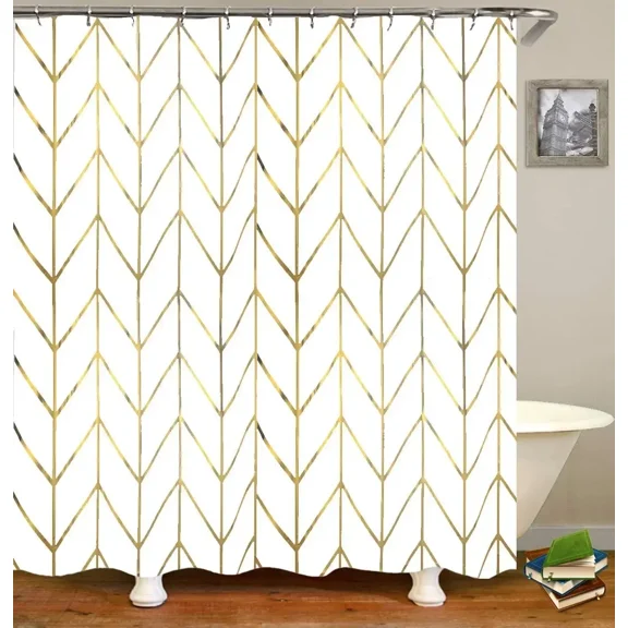 Shower Curtain with Gold Chevron Geometric Pattern Gold Shower Curtain /Rings White Fabric Bathroom Decor Golden Stripes
