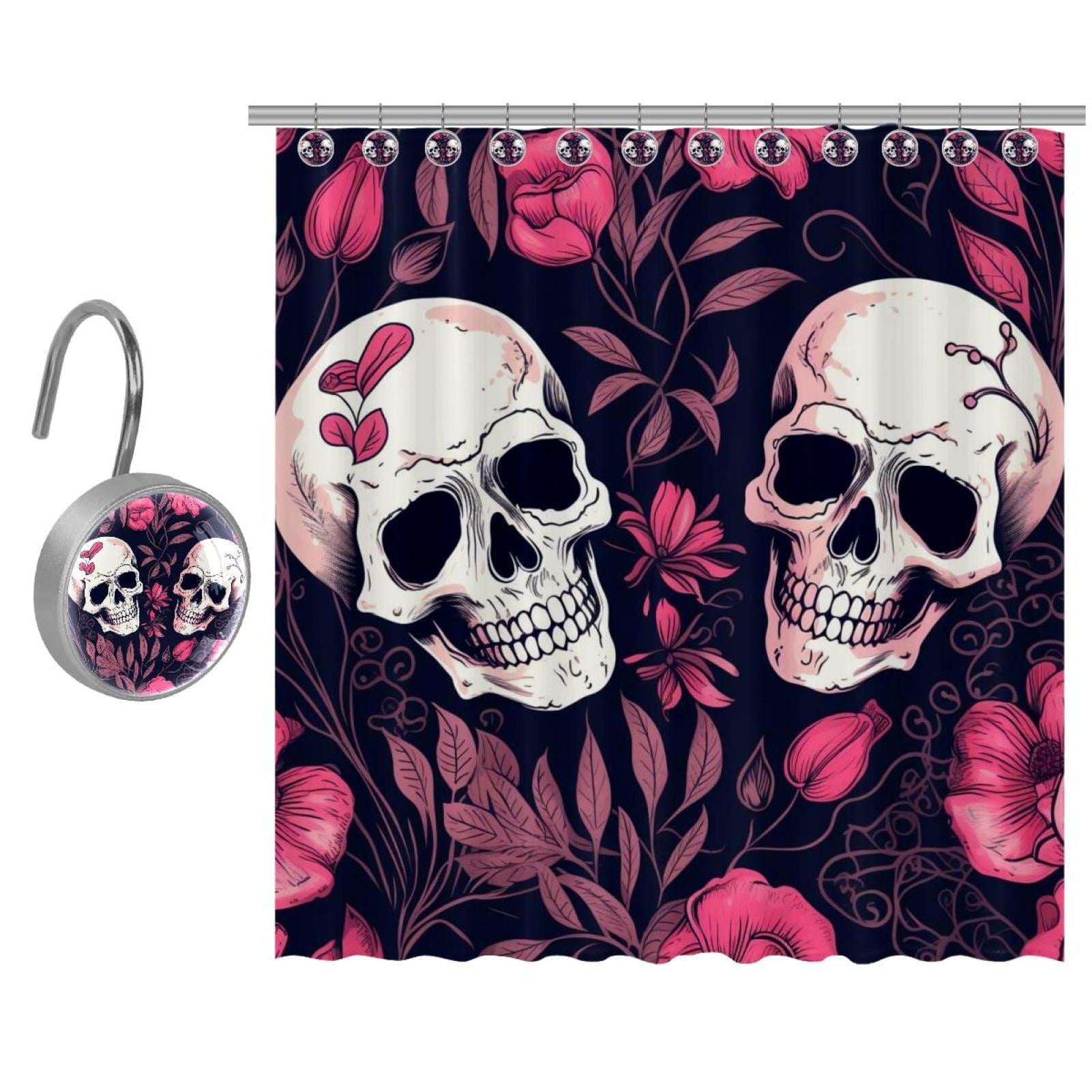Shower Curtain with Stainless Steel Hooks Couple Skulls Shower Curtains