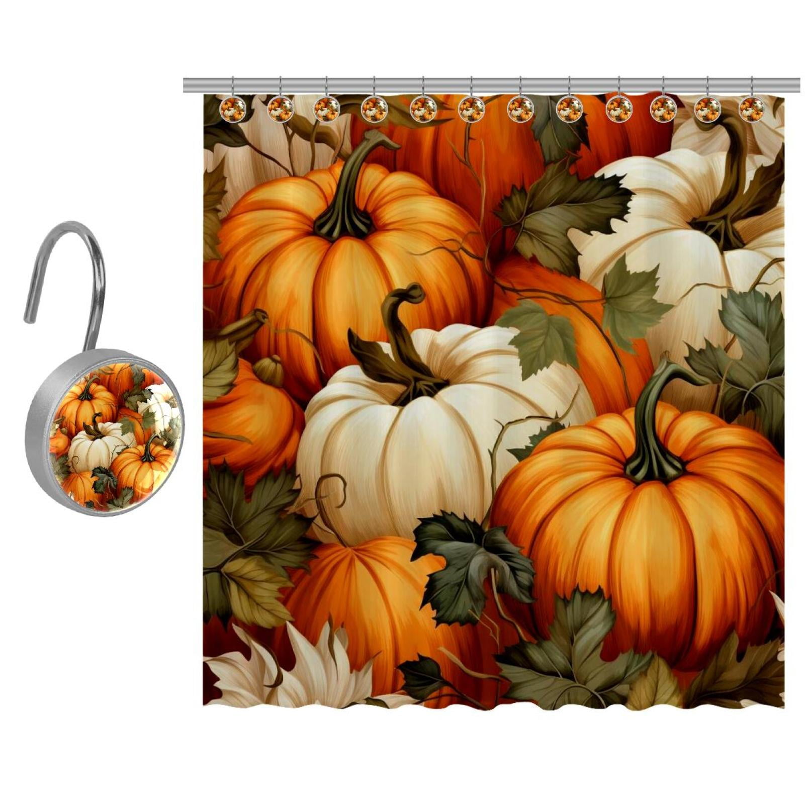 Shower Curtain with Stainless Steel Hooks Thanksgiving Pumpkin Shower