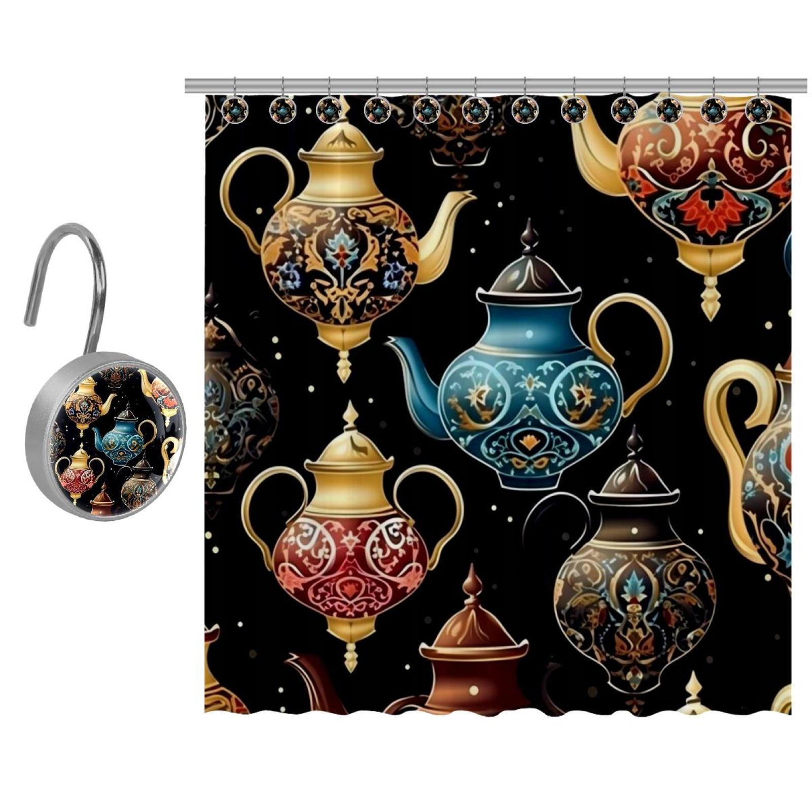 Shower Curtain with Stainless Steel Hooks Vintage Teapot Shower