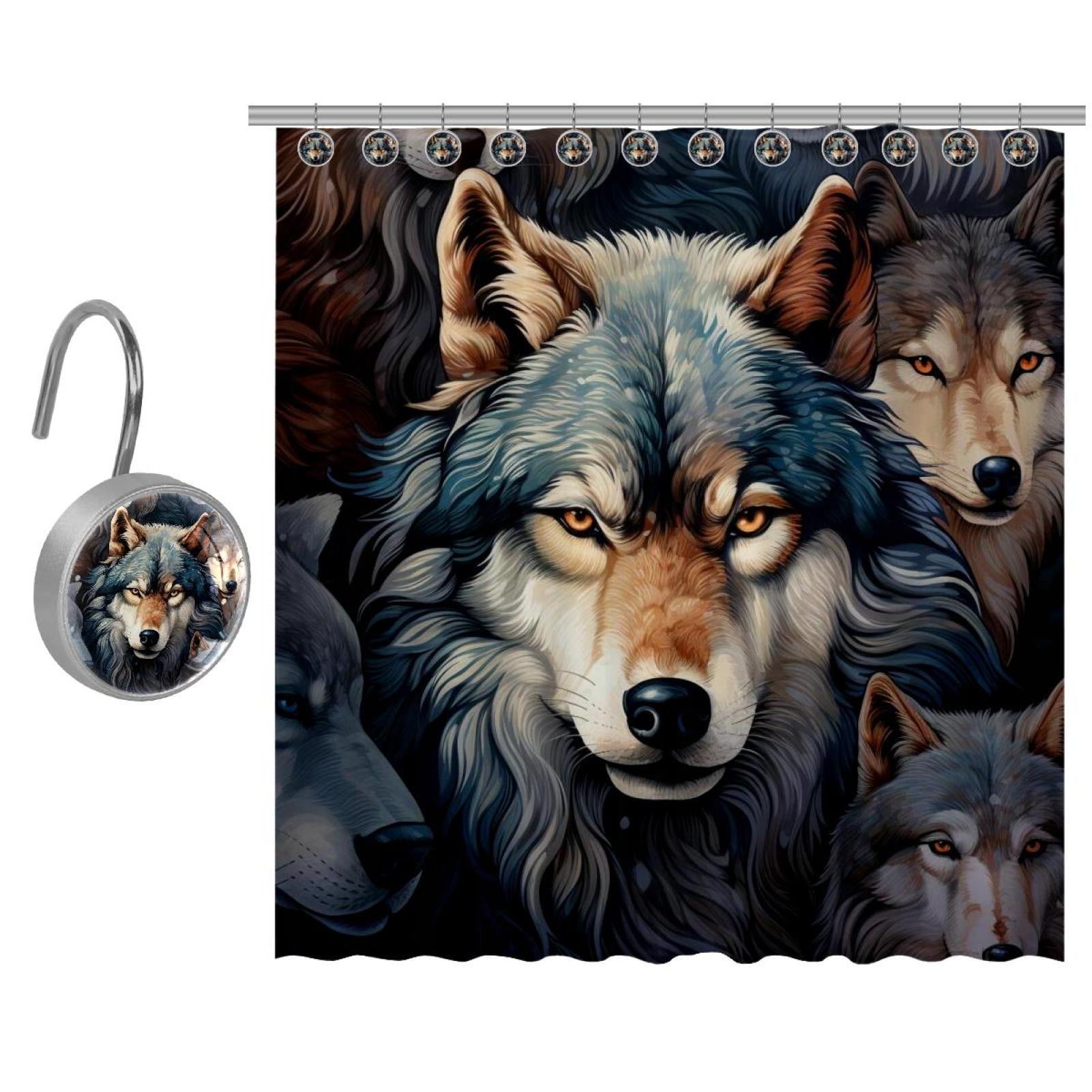 Shower Curtain with Stainless Steel Hooks Wolf Shower Curtains 66" x 72
