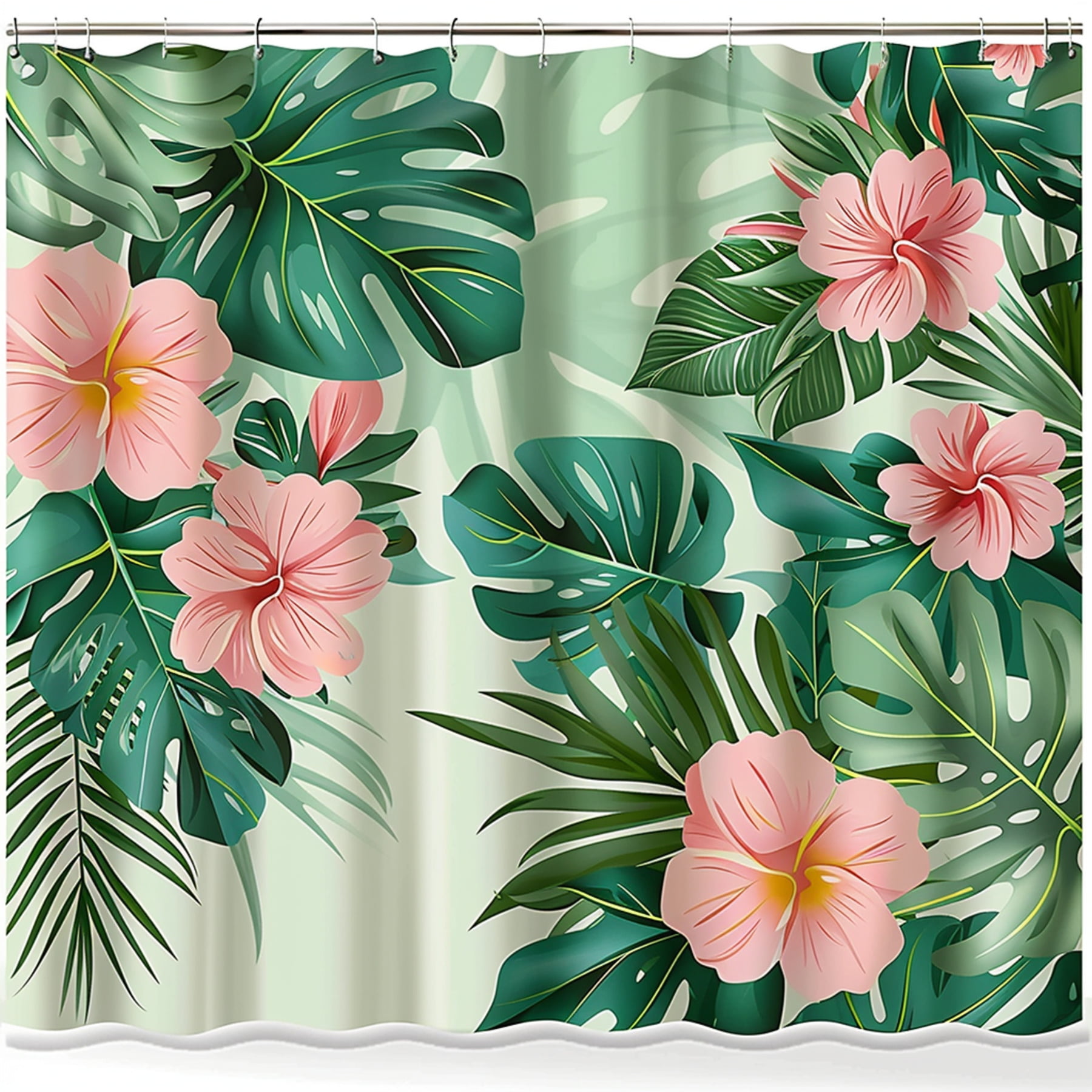 Shower Curtain with Tropical Plants and Flowers Green Leaves and Pink ...