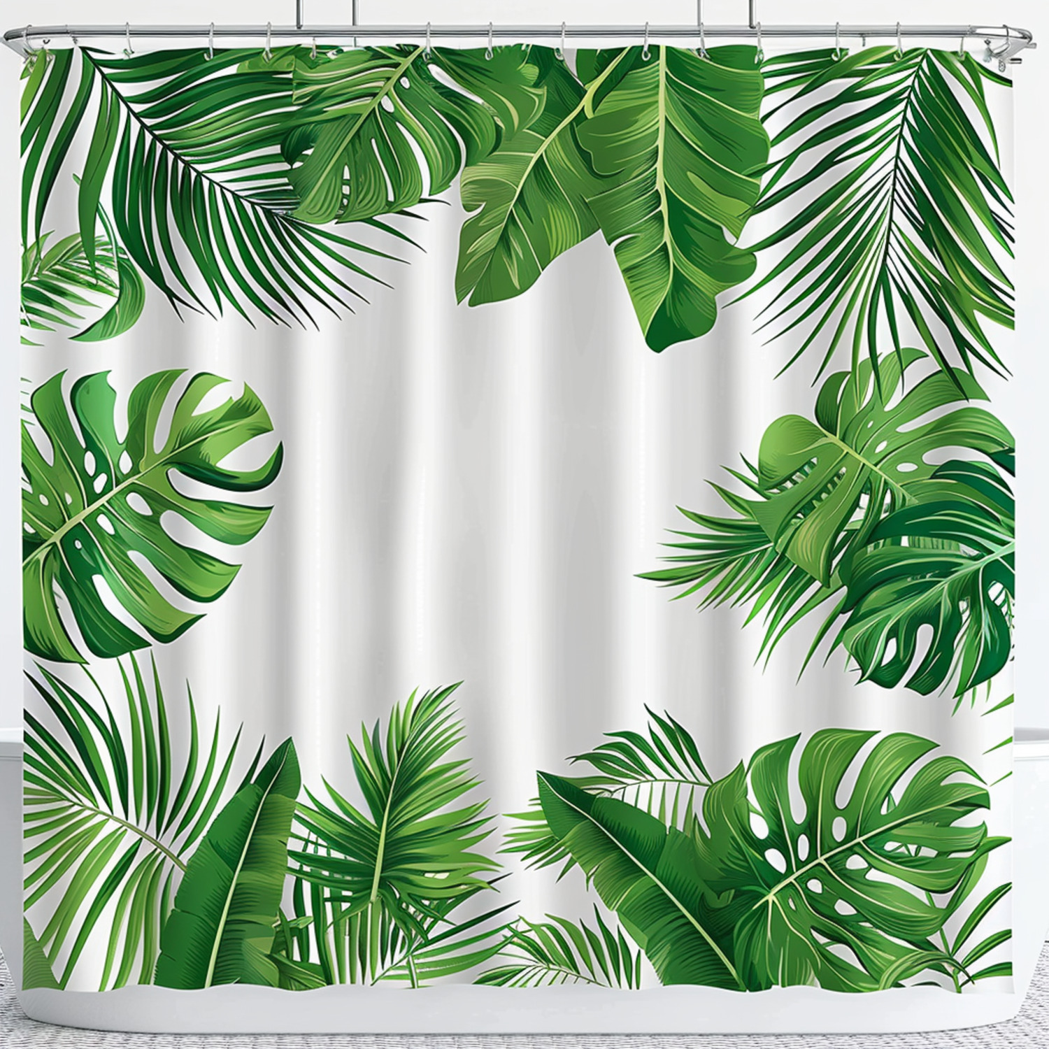 Shower Curtain with Tropical Rainforest Foliage and Palm Tree Monstera Plant Leaves Bathroom