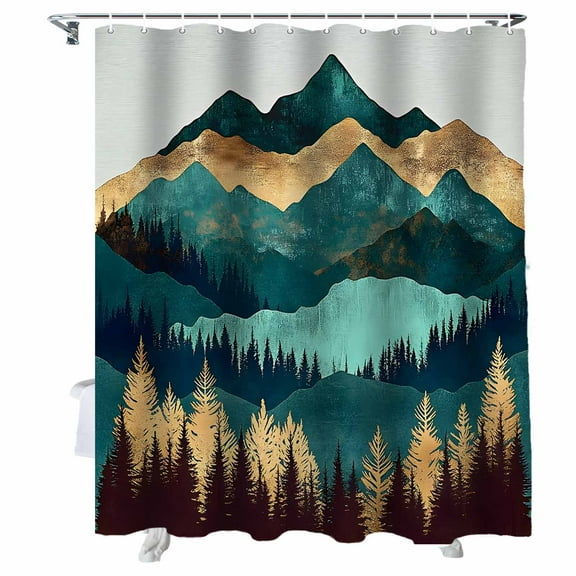 Shower Curtains Abstract Golden Green Mountain Bath Curtain Forest Modern Waterproof Bathroom Shower Curtain Set with Hooks Decoration 36 x 72 Inches