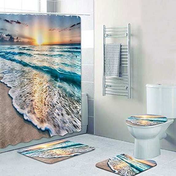 Shower Curtains with Bath rugs Non-slip Soft Toilet Lid Cover for Bathroom ,Waterproof Home Tub Curtains Sets with Memory Foam Rugs ,3D Print Durable Polyester Fabric Four-Piece Vintage White Rose