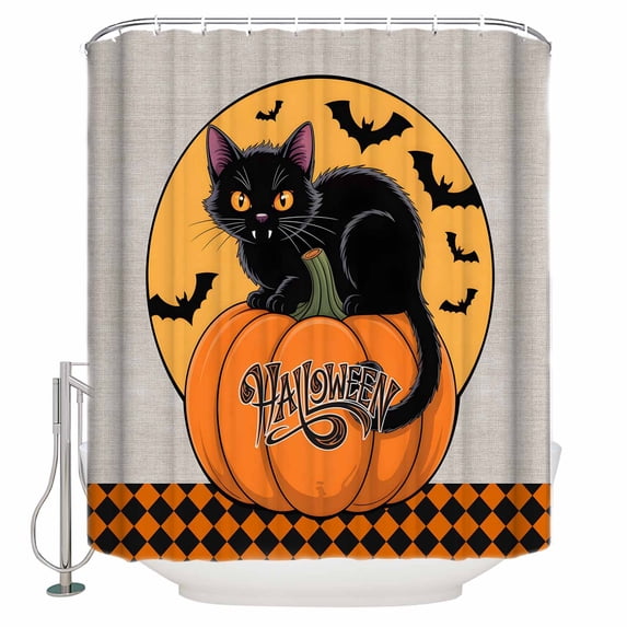 Shower Curtains for Bathroom-36"x72",Black Cat on Pumpkin Waterproof Bath Curtain Grommet Shower Curtain Set with Hooks,Halloween Bat Moon Orange Plaid Washable Bath Accessories
