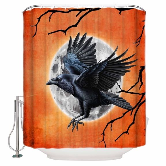 Shower Curtains for Bathroom-36"x72",Crow Halloween Horror Dead Branch Waterproof Bath Curtain Grommet Shower Curtain Set with Hooks,Moon Orange Gradient Back Washable Bath Accessories