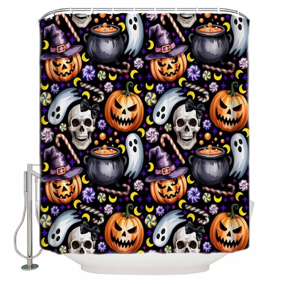 Shower Curtains for Bathroom-36"x72",Halloween Pumpkin Ghost Face Waterproof Bath Curtain Grommet Shower Curtain Set with Hooks,Skull Witch Hat Candy Black Washable Bath Accessories
