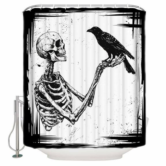 Shower Curtains for Bathroom-36"x72",Halloween Scary Skeleton Crow Waterproof Bath Curtain Grommet Shower Curtain Set with Hooks,Black and White Washable Bath Accessories