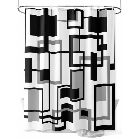Shower Curtains for Bathroom-36"x72", Minimalist Square Stripe Waterproof Bath Curtain Grommet Shower Curtain Set with Hooks, Black Grey Rectangle on White Washable Bath Accessories