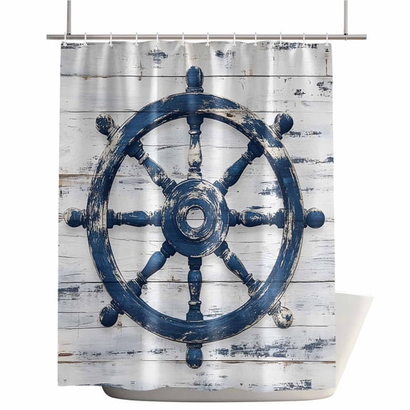 Shower Curtains for Bathroom-36"x72",Retro Marine Sailing Blue Rudder Waterproof Bath Curtain Grommet Shower Curtain Set with Hooks,Nautical Vintage Wood Grain Washable Bath Accessories