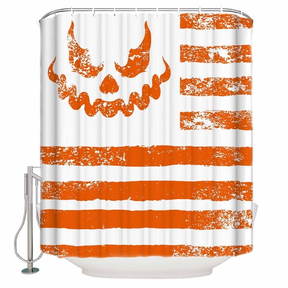 Shower Curtains for Bathroom-36"x72",Vintage Halloween Demons Face Waterproof Bath Curtain Grommet Shower Curtain Set with Hooks,White Orange Stripe Washable Bath Accessories