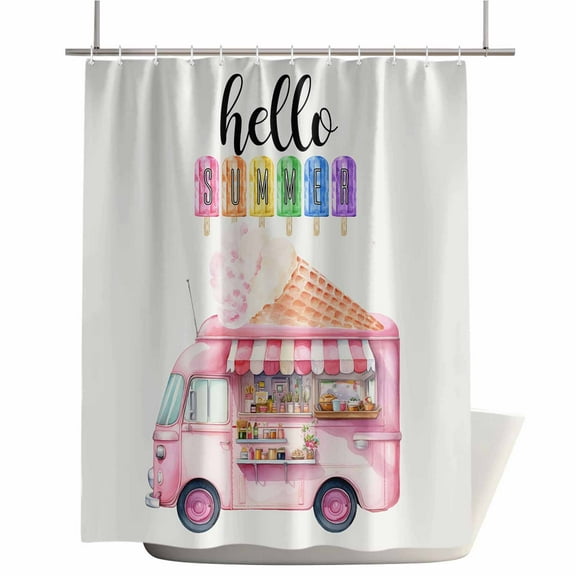 Shower Curtains for Bathroom-36"x78",Hello Summer Ice Lolly Truck Waterproof Bath Curtain Grommet Shower Curtain Set with Hooks,Watercolor Sweet Dessert Washable Bath Accessories