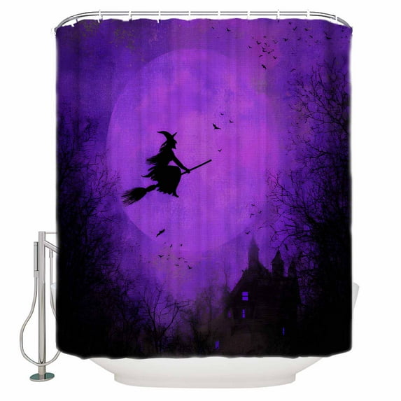 Shower Curtains for Bathroom-36"x78",Scary Halloween Witch Moon Waterproof Bath Curtain Grommet Shower Curtain Set with Hooks,Castle Bare Tree Purple Black Washable Bath Accessories