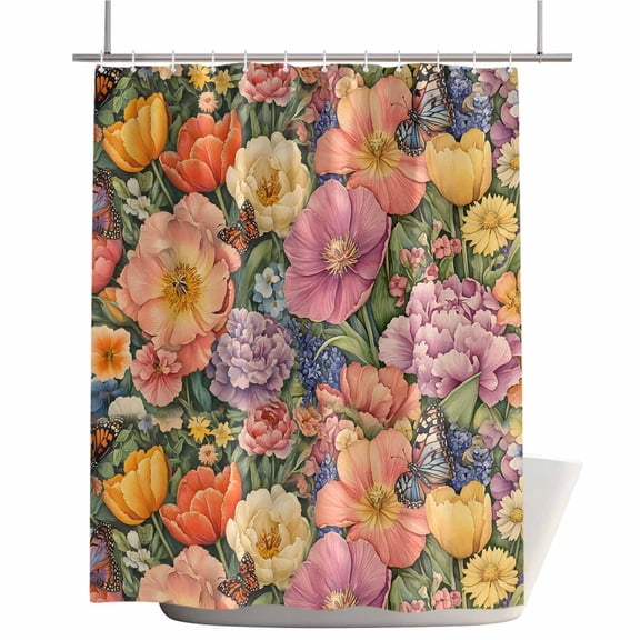 Shower Curtains for Bathroom-36"x78",Watercolor Garden Blossom Flower Waterproof Bath Curtain Grommet Shower Curtain Set with Hooks,Summer Spring Floral Art Washable Bath Accessories