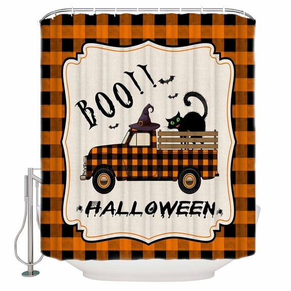 Shower Curtains for Bathroom-48"x72",Halloween Black Cat Orange Plaid Farm Truck Waterproof Bath Curtain Grommet Shower Curtain Set with Hooks,Witch Hat Boo Buffalo Grid Washable Bath Accessories