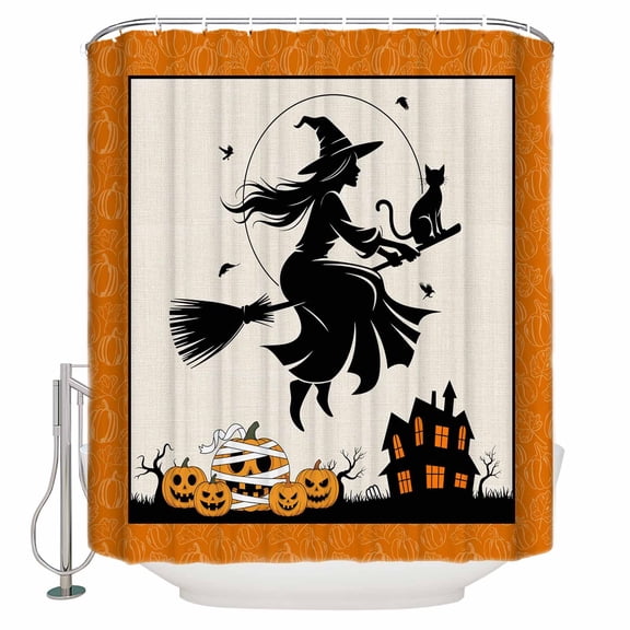 Shower Curtains for Bathroom-48"x72",Halloween Witch Broom Pumpkin Waterproof Bath Curtain Grommet Shower Curtain Set with Hooks,Haunted House Orange Border Washable Bath Accessories