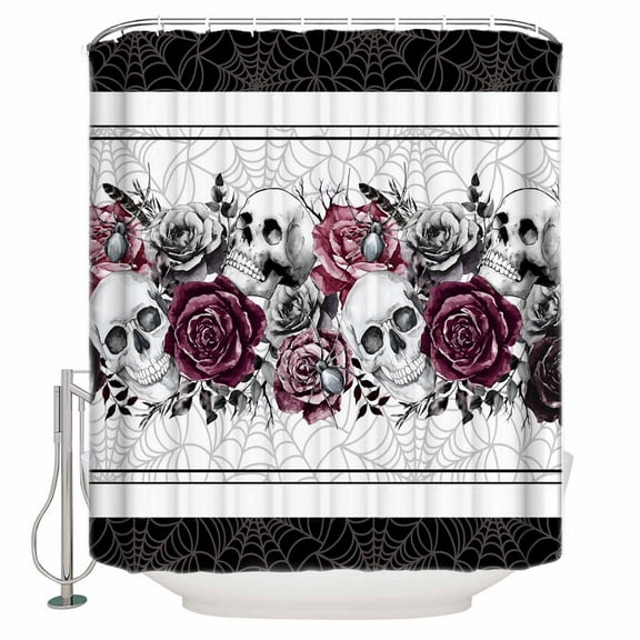 Shower Curtains for Bathroom-54"x78",Halloween Skull Black Rose Red Waterproof Bath Curtain Grommet Shower Curtain Set with Hooks,Vintage Spiders-web Washable Bath Accessories