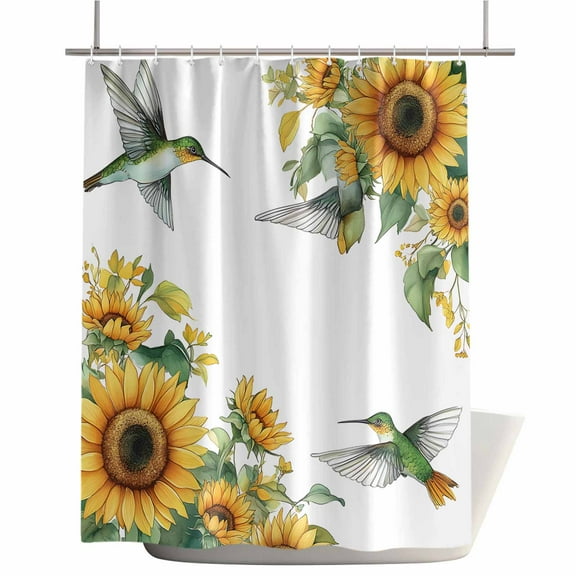 Shower Curtains for Bathroom-66"x72",Watercolor Sunflower Hummingbird Waterproof Bath Curtain Grommet Shower Curtain Set with Hooks,Spring Floral Plant Leaves Washable Bath Accessories