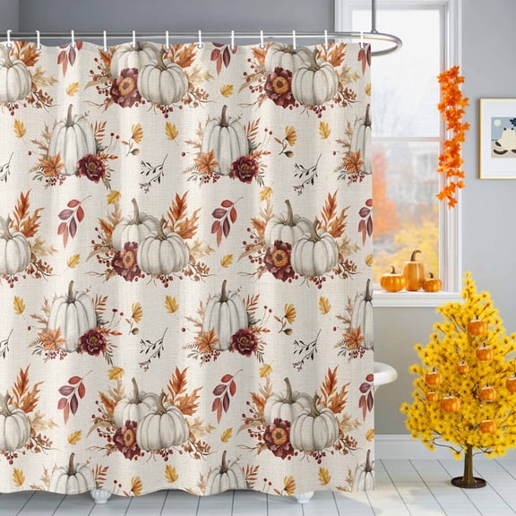 Shower Curtains for Bathroom-72"x72",Farmhouse Maple Leaf Pumpkin Waterproof Bath Curtain Grommet Shower Curtain Set with Hooks,Thanksgiving Fall Plant Linen Washable Bath Accessories