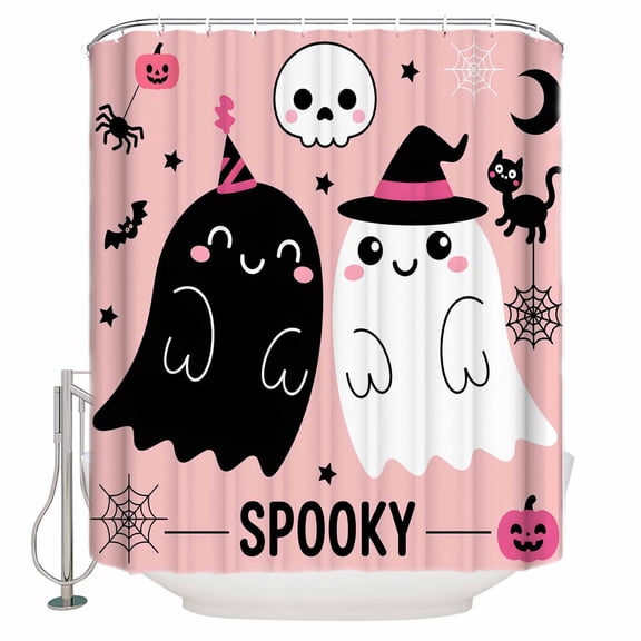 Shower Curtains for Bathroom-72"x72",Halloween Black White Ghost Waterproof Bath Curtain Grommet Shower Curtain Set with Hooks,Cartoon Bat Pumpkin on Pink Washable Bath Accessories