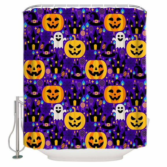 Shower Curtains for Bathroom-72"x72",Halloween Pumpkin Ghost Face Waterproof Bath Curtain Grommet Shower Curtain Set with Hooks,Castle Hat Candy Purple Washable Bath Accessories