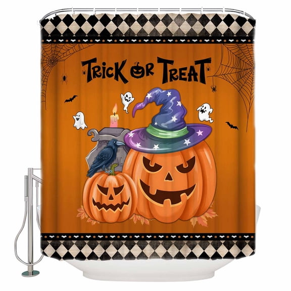 Shower Curtains for Bathroom-72"x72",Halloween Theme Pumpkins Ghost Face Witch Hats Waterproof Bath Curtain Grommet Shower Curtain Set with Hooks,Orange Washable Bath Accessories