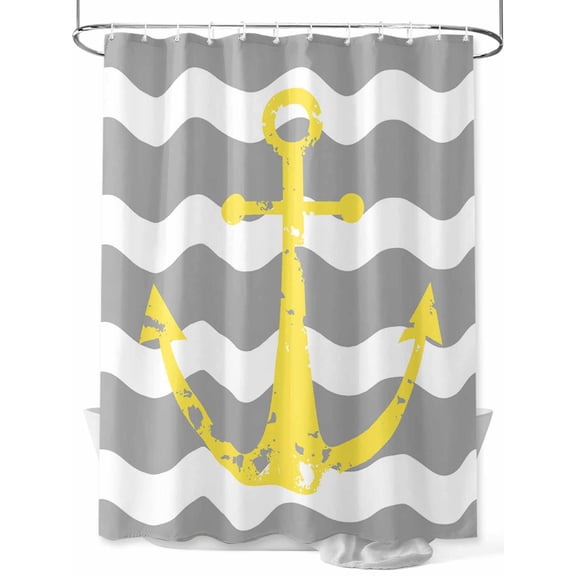 Shower Curtains for Bathroom-72"x72", Nautical Yellow Anchor Gray Wave Stripe Waterproof Bath Curtain Grommet Shower Curtain Set with Hooks, White Stripes Washable Bath Accessories