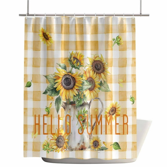Shower Curtains for Bathroom-72"x72",Spring Sunflower Watering Pot Waterproof Bath Curtain Grommet Shower Curtain Set with Hooks,Summer Floral on Orange Plaid Washable Bath Accessories